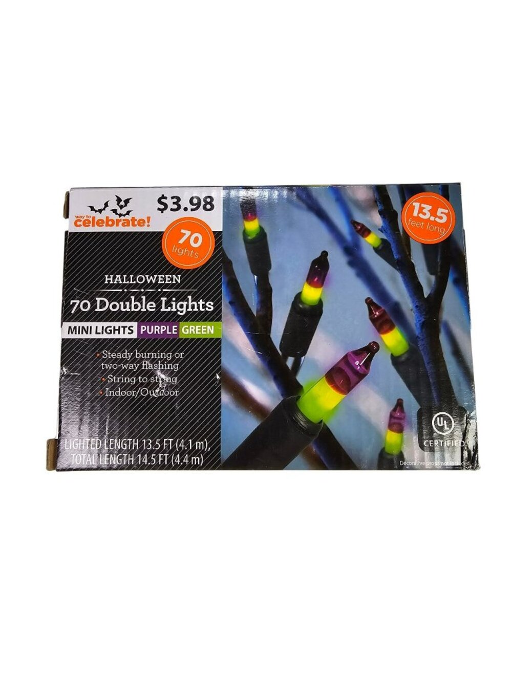 70 Mini Double Lights Steady or Flashing Green & Purple 13.5ft String Lights NEW